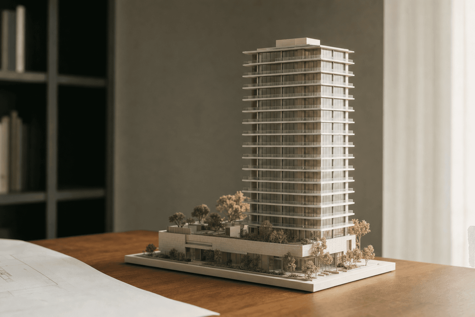 Architectural maquette of a residential tower on a wooden desk.
