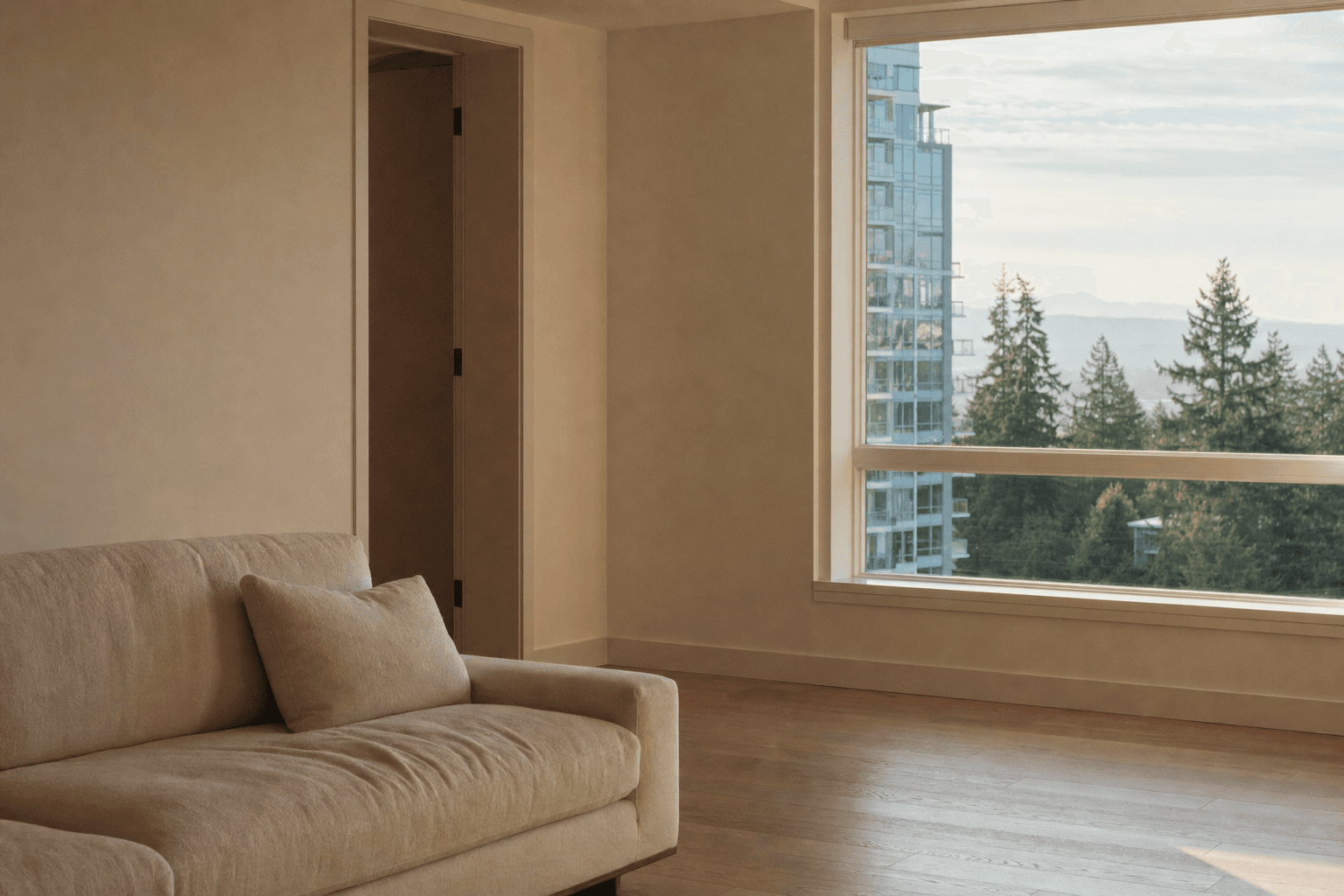 Empty residential living room interior in calm morning light.